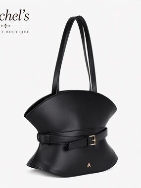 Black Sculpted Belt-Accent Shoulder Bag